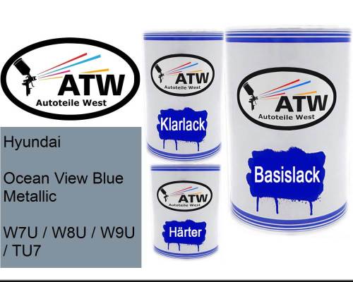Hyundai, Ocean View Blue Metallic, W7U / W8U / W9U / TU7: 500ml Lackdose + 500ml Klarlack + 250ml Härter - Set, von ATW Autoteile West.